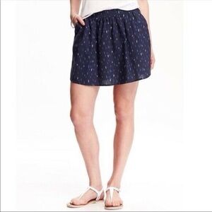 Old Navy Blue Cotton Linen Blend Ikat Brushstroke Print Skirt Pockets Large